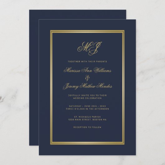 Invitation Élégant Mariage de script de monogramme bleu or (Devant / Derrière)
