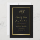 Invitation Élégant Mariage de script de monogramme d'or noir (Devant)