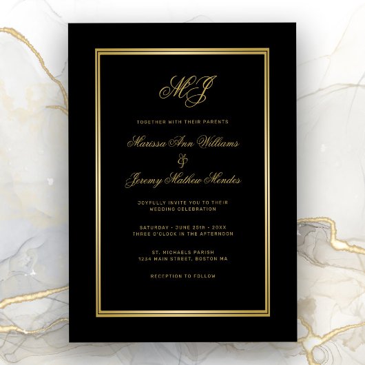 Invitation Élégant Mariage de script de monogramme d'or noir
