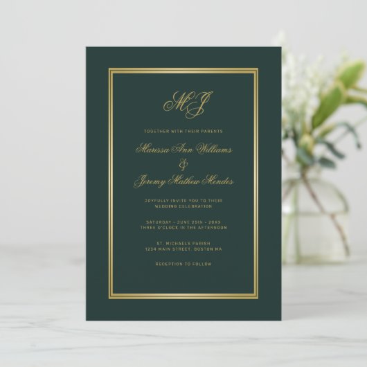 Invitation Élégant Mariage de script de monogramme d'or vert (Debout devant)
