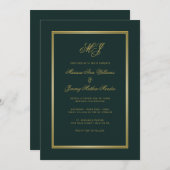Invitation Élégant Mariage de script de monogramme d'or vert (Devant / Derrière)