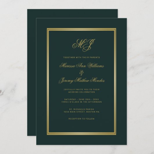 Invitation Élégant Mariage de script de monogramme d'or vert (Devant / Derrière)