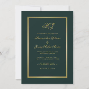 Invitation Élégant Mariage de script de monogramme d'or vert