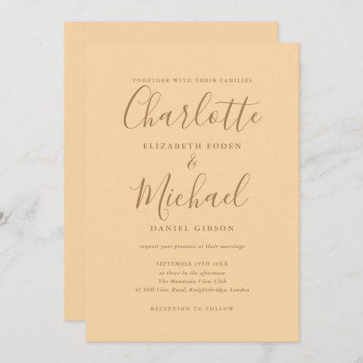 Invitation Élégant Mariage de script de signature Champagne (Devant / Derrière)