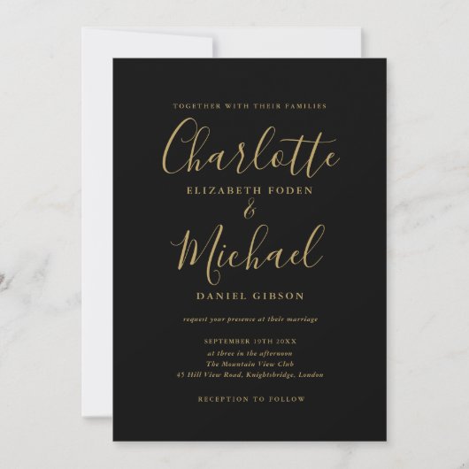 Invitation Élégant Mariage de script de signature noir et or (Devant)