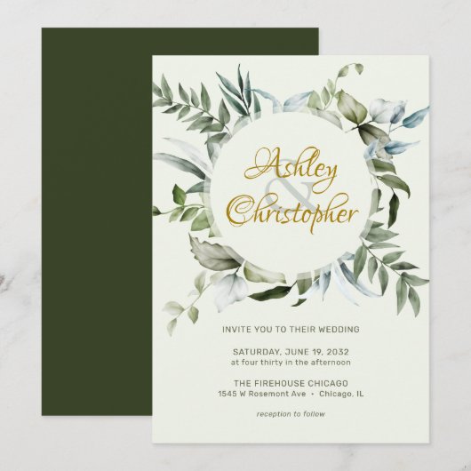 Invitation Élégant Mariage de script de verdure moderne (Devant / Derrière)