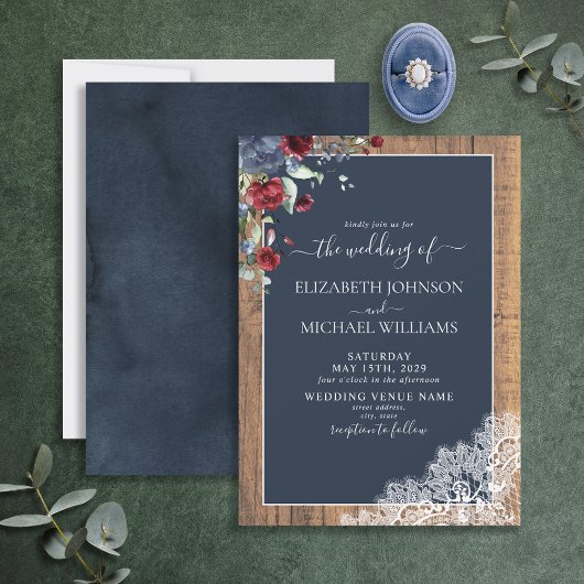 Invitation Elégant Mariage de script en bois bleu Bourgogne d