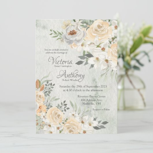 Invitation Élégant Mariage de script floral d'ivoire de champ (Debout devant)
