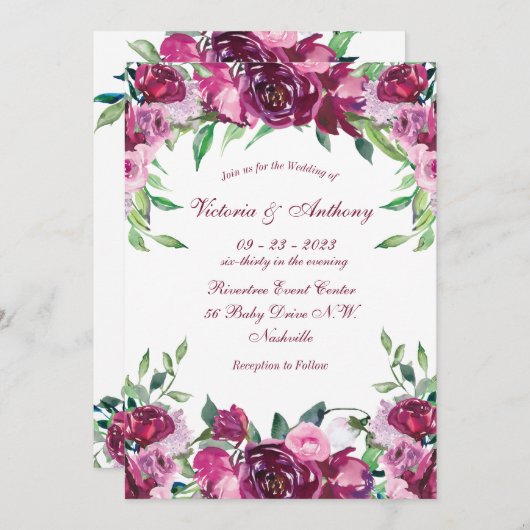 Invitation Élégant Mariage de script floral rose bordeaux (Devant / Derrière)