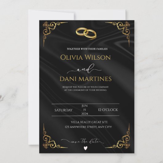 Invitation Élégant Mariage de script Foil Black Gold Faux (Devant)
