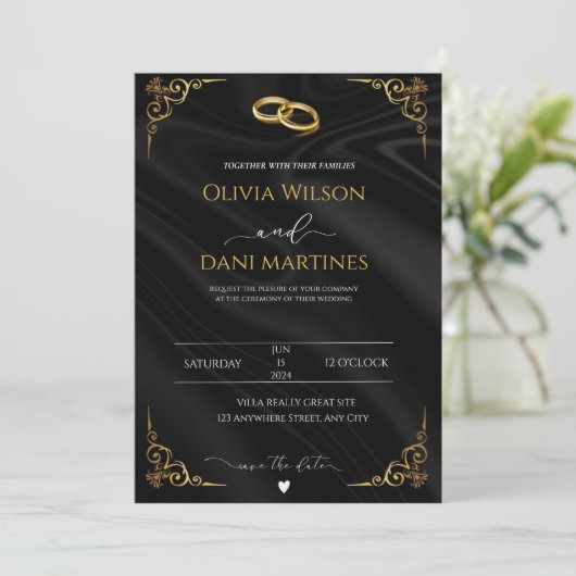 Invitation Élégant Mariage de script Foil Black Gold Faux (Debout devant)