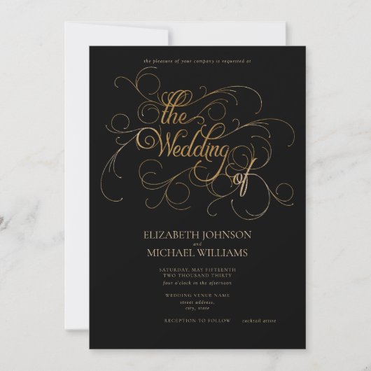 Invitation Élégant Mariage de script moderne Black & Gold (Devant)