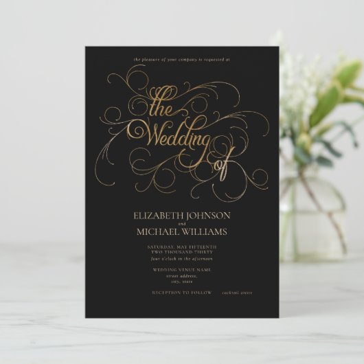 Invitation Élégant Mariage de script moderne Black & Gold (Debout devant)