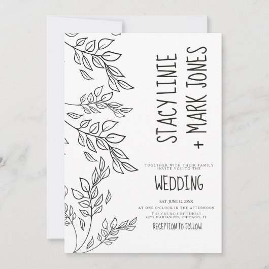 Invitation Elégant Mariage de script noir à main de Foilage (Devant)