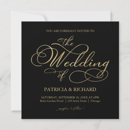 Invitation Élégant Mariage de script noir et or (Devant)