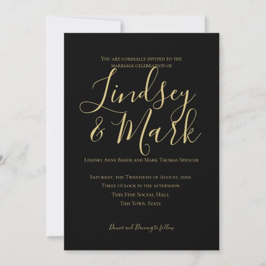 Invitation Élégant Mariage de script noir et or (Devant)