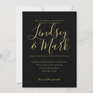 Invitation Élégant Mariage de script noir et or