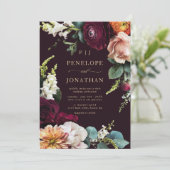 Invitation Élégant Mariage de script or floral rose Bourgogne (Debout devant)