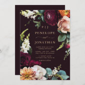 Invitation Élégant Mariage de script or floral rose Bourgogne (Devant / Derrière)