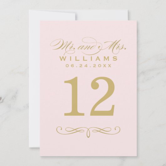 Invitation Élégant Mariage de script rose et or Numéro de tab (Dos)