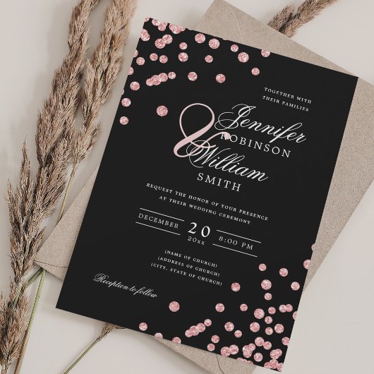 Invitation Élégant Mariage de script Rose or Confetti Noir