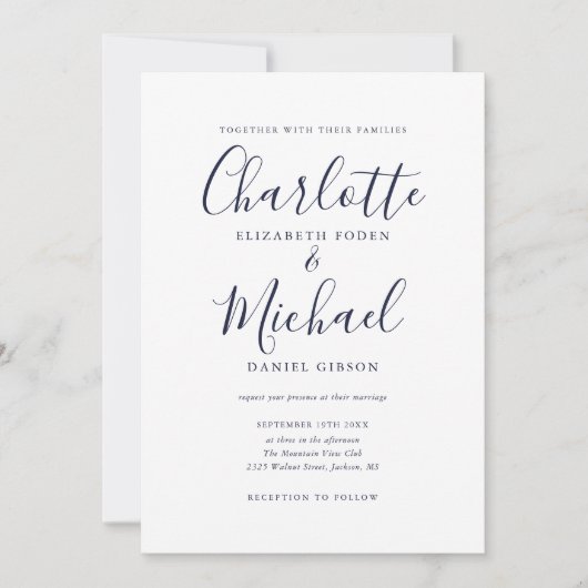 Invitation Élégant Mariage de script signature bleu marine (Devant)