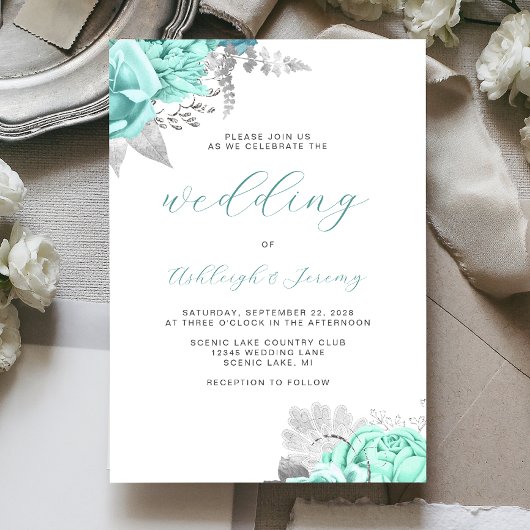 Invitation Élégant Mariage de script Silver Aqua Floral