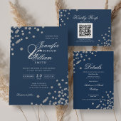 Invitation Élégant Mariage de script Silver Confetti QR Navy
