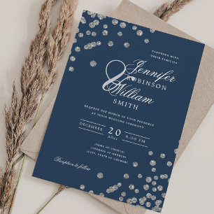 Invitation Élégant Mariage de script Silver Confetti QR Navy