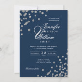 Invitation Élégant Mariage de script Silver Confetti QR Navy (Devant)