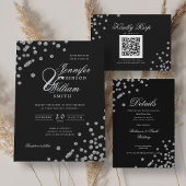 Invitation Élégant Mariage de script Silver Confetti QR Noir