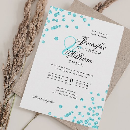 Invitation Élégant Mariage de script Turquoise Confetti QR RS