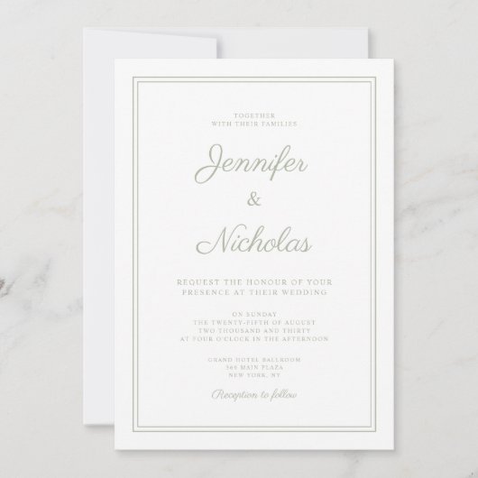 Invitation Élégant Mariage de script vert Sage Formal (Devant)