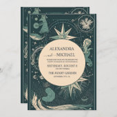 Invitation Élégant Mariage de Tarot Vert Argent (Devant / Derrière)