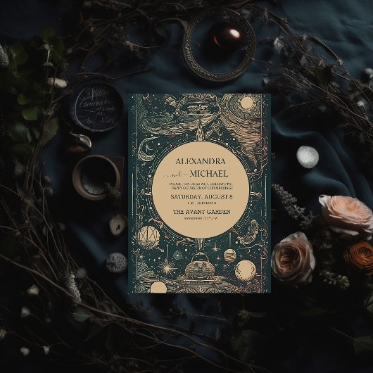 Invitation Élégant Mariage de Tarot Vert Argent