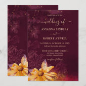 Invitation Élégant Mariage de tournesol jaune rouge bordeaux (Devant / Derrière)