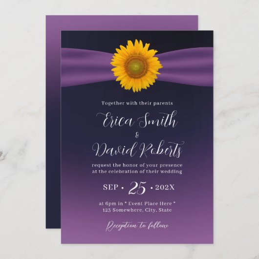 Invitation Élégant Mariage de tournesol violet (Devant / Derrière)