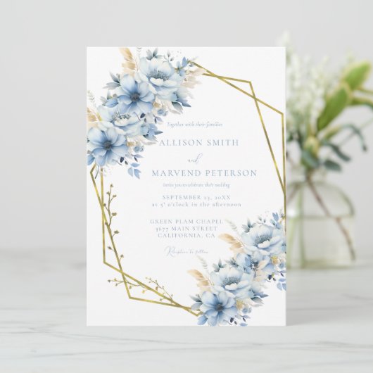 Invitation Élégant Mariage de trame géométrique Floral bleu (Debout devant)