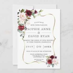 Invitation Élégant Mariage de trame or Bourgogne rose