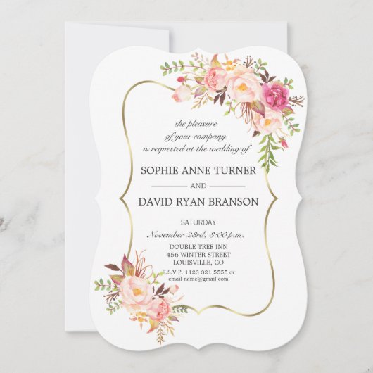 Invitation Élégant Mariage de trame or floral rose (Devant)