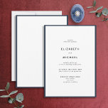 Invitation Elégant Mariage de typographie bleu et blanc de la<br><div class="desc">Un magnifique faire-part de mariage de typographie pour un été ou un mariage de automne ! Cette belle et élégante conception dispose d'un bord bleu marine autour d'une invitation blanche, avec typographie moderne. Un design simple et minimaliste. Merci tellement pour soutenir notre petite entreprise, nous l'apprécions vraiment! Nous sommes si...</div>