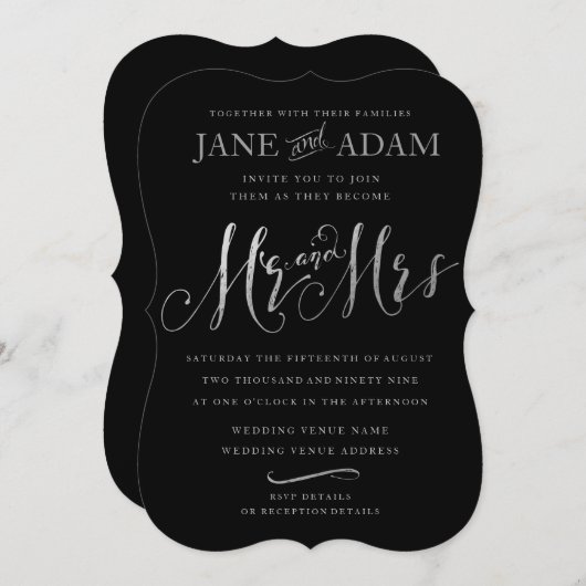 Invitation Elégant Mariage de typographie M. & Mme Black & Si (Devant / Derrière)
