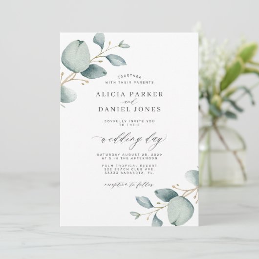 Invitation Elégant mariage de verdure moderne eucalyptus (Debout devant)