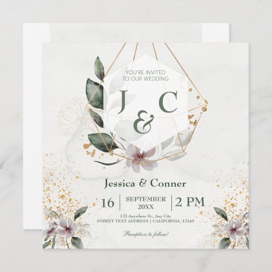 Invitation Elégant Mariage de verdure or (Devant / Derrière)