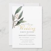 Invitation Élégant mariage d'écriture d'or feuille verte (Devant)