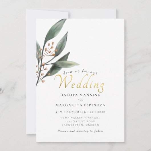 Invitation Élégant mariage d'écriture d'or feuille verte (Devant)