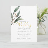 Invitation Élégant mariage d'écriture d'or feuille verte (Debout devant)