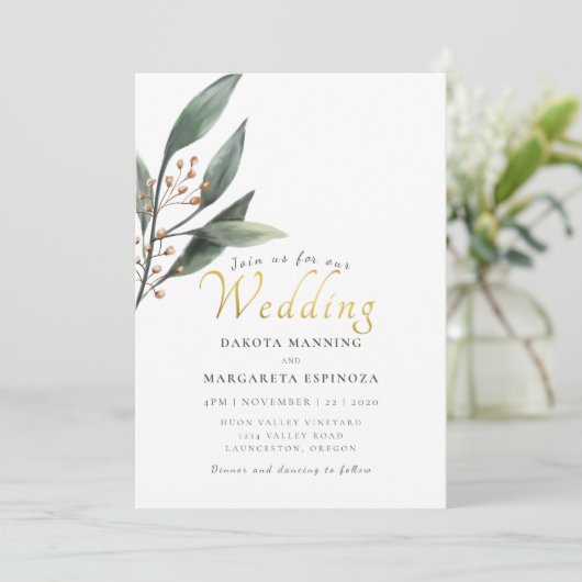 Invitation Élégant mariage d'écriture d'or feuille verte (Debout devant)