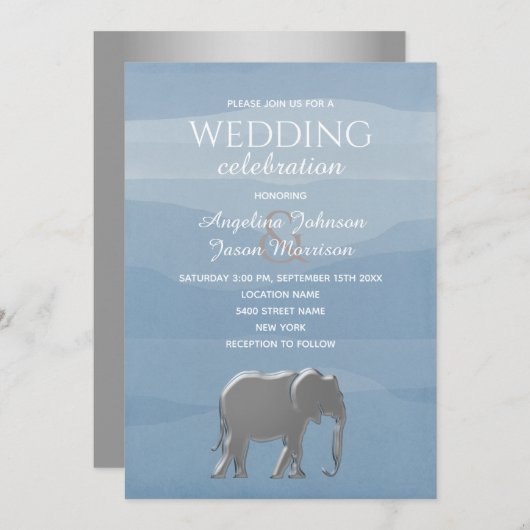 Invitation Elégant Mariage d'éléphant bleu Dusty (Devant / Derrière)