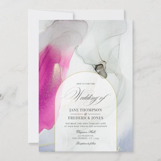 Invitation Élégant Mariage d'encre d'alcool rose, gris et or (Devant)